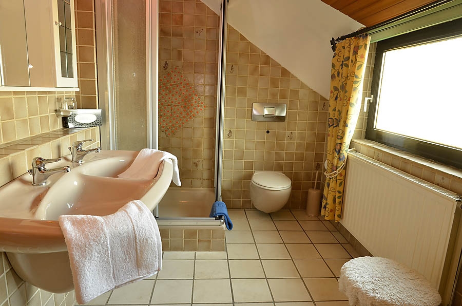 Großzügiges Tageslicht-Badezimmer mit Dusche, Doppelwaschbecken und WC.